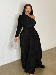 Veslaya 大尺碼優雅魅力性感正式派對雞尾酒晚宴連身褲，不對稱剪裁、收腰、直筒褲腿，黑色，秋冬季 - 黑色 - 查看 7