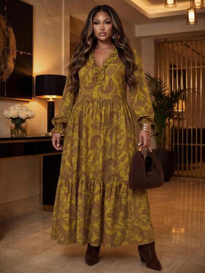 Veslaya 2026 Autunno Abito da Donna Taglie Forti Nuovo Arrivo Stagione Anniversario e Laurea Versatile per Crociera Viaggio Casual Comodo Multi-Occasione Leggero Moda Taglie Forti Elegante Romantico Boho Stampa Floreale Pizzo Scollo a V Maniche Lunghe Ampio a Linea A