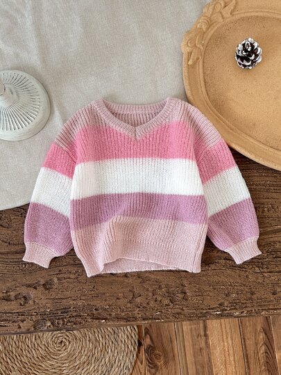 SHEIN Baby Girl Colorful Striped V-Neck Long Sleeve Autumn Winter Sweater