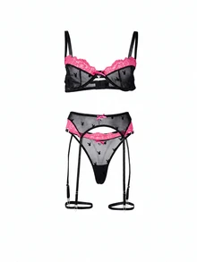 Missguided x Playboy Bunny Print Mesh Balconette Bra Garter Belt And Thong Set With Hot Pink Lace Trim Valentine Lingerie - Black - View 1