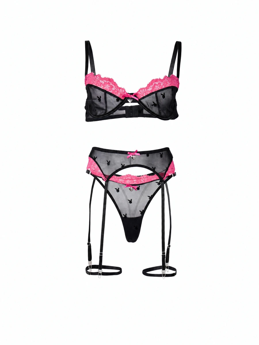 Missguided x Playboy Bunny Print Mesh Balconette Bra Garter Belt And Thong Set With Hot Pink Lace Trim Valentine Lingerie - Black - View 1