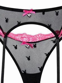 Missguided x Playboy Bunny Print Mesh Balconette Bra Garter Belt And Thong Set With Hot Pink Lace Trim Valentine Lingerie - Black - View 4