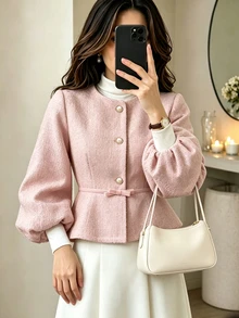 Yalmera Jaket Wol Wanita Kasual Serbaguna untuk Perjalanan Sehari-hari - Berwarna merah muda - View 3