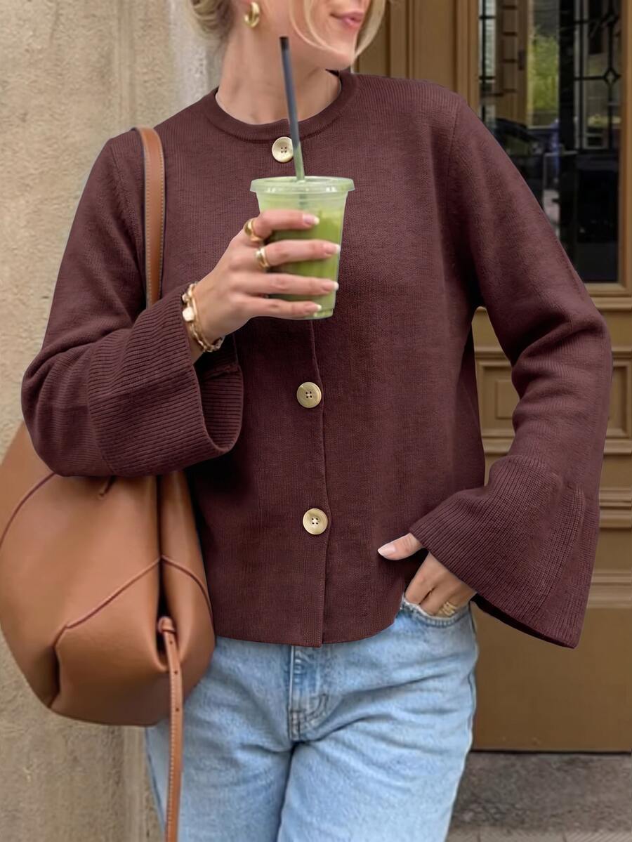 Cévolie Vintage Dark Brown Ribbed Knit Cardigan For Women, Minimalist Large Button Short Fitted Flared Sleeve Lazy Long Sleeve Sweater Jacket - Coffee Brown - View 1