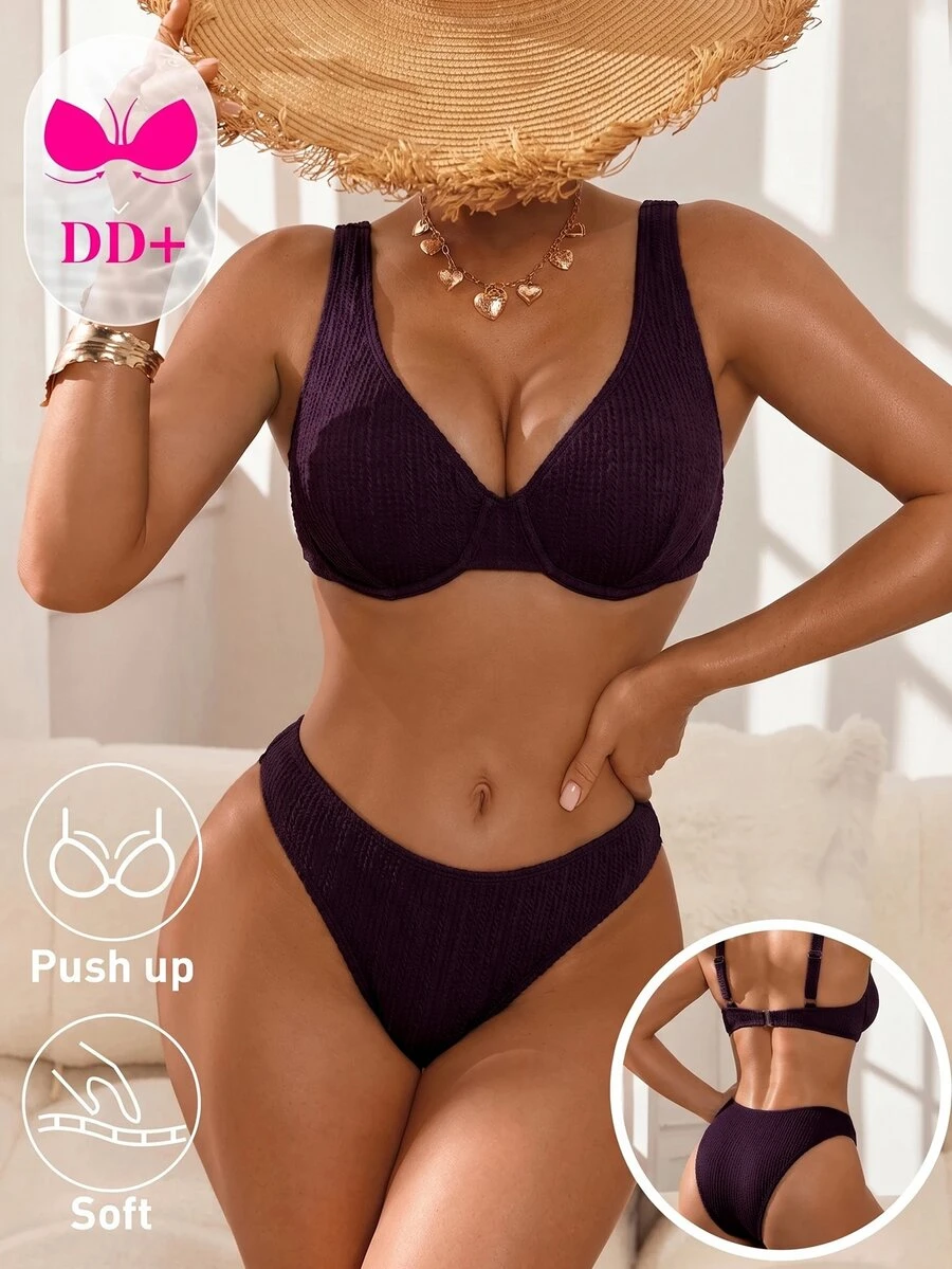 Voyashape Women's Summer Beach Solid Color Sexy Fashion Bikini Two Pieces Swimwear Set - Red Violet - View 1