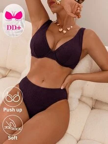 Voyashape مجموعة ملابس سباحة بيكيني من قطعتين للنساء بلون موحد مثيرة وعصرية للصيف والشاطئ - أحمر بنفسجي - مشاهدة 4