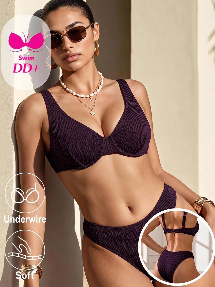 Voyashape مجموعة ملابس سباحة بيكيني من قطعتين للنساء بلون موحد مثيرة وعصرية للصيف والشاطئ - أحمر بنفسجي - مشاهدة 1