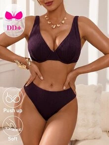 Voyashape مجموعة ملابس سباحة بيكيني من قطعتين للنساء بلون موحد مثيرة وعصرية للصيف والشاطئ - أحمر بنفسجي - مشاهدة 6