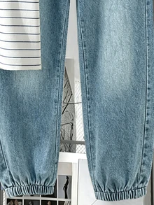 SHEIN 青少年男孩 2件組休閒套裝，條紋短袖圓領T恤與牛仔慢跑長褲套裝，柔軟夏季兒童服飾，適合日常上學穿著 - 彩色 - 查看 4