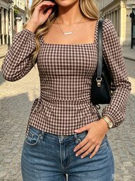 SHEIN PariChic Camiseta de manga larga con cuello cuadrado de cuadros estilo cottagecore retro francés - Favorita de blogueras de , otoño, retro americano, brunch, cuadros marrones