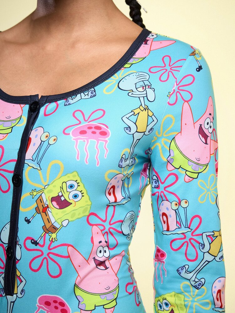 SpongeBob SquarePants | ROMWE 女款卡通印花休閒居家連身褲 - 藍色 - 查看 2