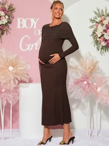 Loomaby Maternity Solid Color Pleated Ribbon Design Slim Fit Elegant Dress,Gender Reveal Dress,Maternity Dress,Baby Shower Dress - Brown - View 7