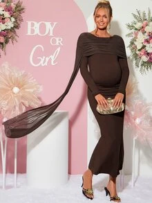 Loomaby Maternity Solid Color Pleated Ribbon Design Slim Fit Elegant Dress,Gender Reveal Dress,Maternity Dress,Baby Shower Dress - Brown - View 1