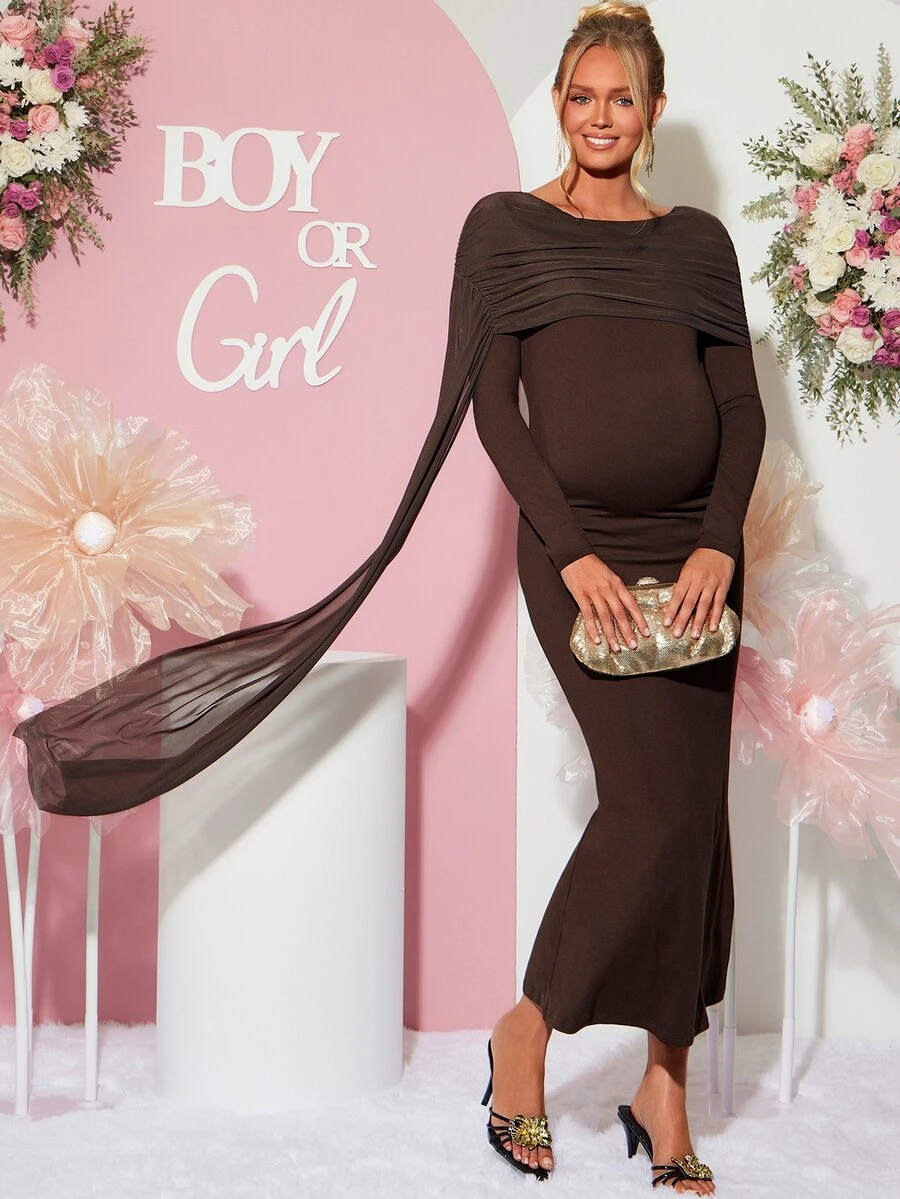 Loomaby Maternity Solid Color Pleated Ribbon Design Slim Fit Elegant Dress,Gender Reveal Dress,Maternity Dress,Baby Shower Dress - Brown - View 1