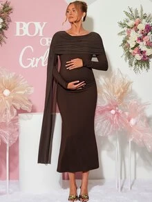 Loomaby Maternity Solid Color Pleated Ribbon Design Slim Fit Elegant Dress,Gender Reveal Dress,Maternity Dress,Baby Shower Dress - Brown - View 6