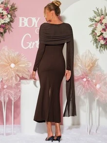 Loomaby Maternity Solid Color Pleated Ribbon Design Slim Fit Elegant Dress,Gender Reveal Dress,Maternity Dress,Baby Shower Dress - Brown - View 8