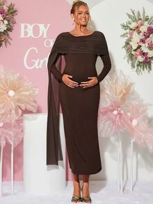 Loomaby Maternity Solid Color Pleated Ribbon Design Slim Fit Elegant Dress,Gender Reveal Dress,Maternity Dress,Baby Shower Dress - Brown - View 5