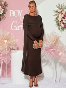 Loomaby Maternity Solid Color Pleated Ribbon Design Slim Fit Elegant Dress,Gender Reveal Dress,Maternity Dress,Baby Shower Dress - Brown - View 3