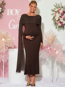 Loomaby Maternity Solid Color Pleated Ribbon Design Slim Fit Elegant Dress,Gender Reveal Dress,Maternity Dress,Baby Shower Dress - Brown - View 4