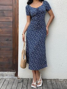 Sunnyshic Women's Ditsy Floral Fitted Casual Mini Dress For Vacation. - Navy Blue - View 3
