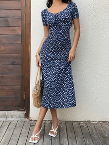 Sunnyshic Women's Ditsy Floral Fitted Casual Mini Dress For Vacation. - Navy Blue - View 6