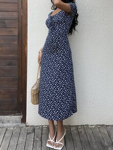 Sunnyshic Women's Ditsy Floral Fitted Casual Mini Dress For Vacation. - Navy Blue - View 5