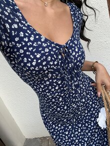 Sunnyshic Women's Ditsy Floral Fitted Casual Mini Dress For Vacation. - Navy Blue - View 7