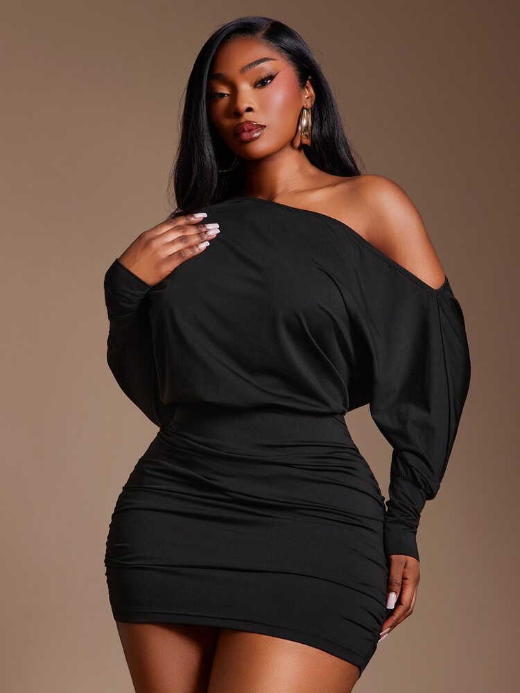 Radiana Plus Size Black Autumn Slash Shoulder Asymmetrical Mini Dress,Girlism Night Out Club Outfit,Elegant Sexy Fall Wedding Guest Top,Y2k Vintage Party Wear - Black - View 3