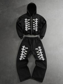 PAVTROS Men's Fashion Old Money Style Vintage Streetwear Personalized Zip-Up Loose Fit Hoodie And Drawstring Waist Sweatpants Set, Christmas Daily Outfit - Black - View 1