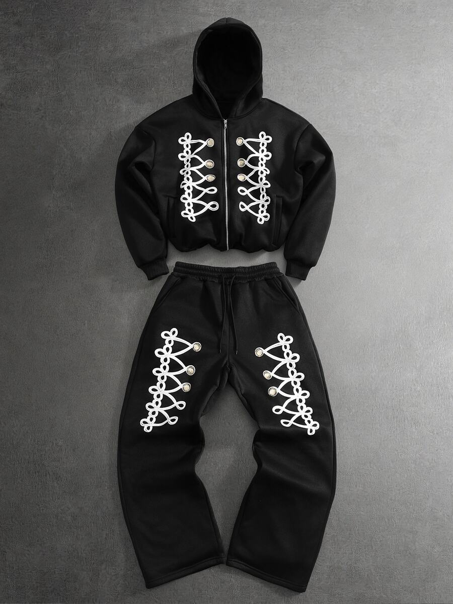 PAVTROS Men's Fashion Old Money Style Vintage Streetwear Personalized Zip-Up Loose Fit Hoodie And Drawstring Waist Sweatpants Set, Christmas Daily Outfit - Black - View 1