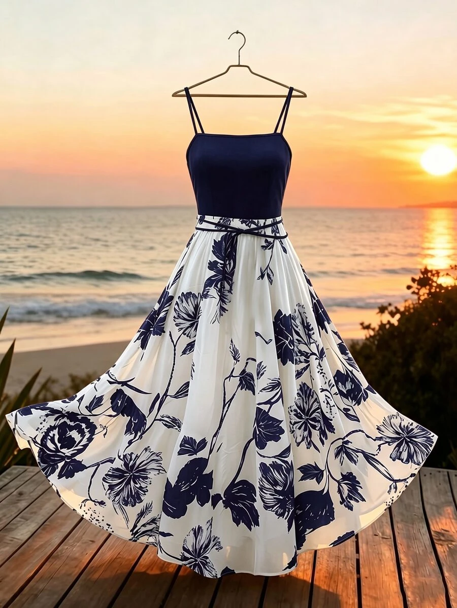 Trelyra Plus Size Women's Elegant Floral Print Spaghetti Strap Vacation Dress - Navy Blue - View 1