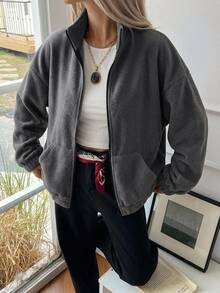 DAZY 秋冬保暖內裡羊毛外套，寬鬆商務休閒風，適合辦公室、戶外與街頭穿著，女款常規大衣抓絨內裡 - 灰色 - 查看 5