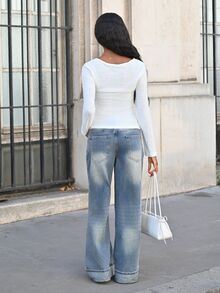 Mima John Women's Round Neck Button Oblique Placket Loose Casual Cover Up, Versatile Spring Top Summer - White - View 2
