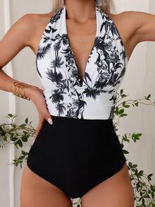 SHEIN Swim Summer Beach Tropical Print Ruched Halter One Piece Swimsuit - Multicolor - View 4