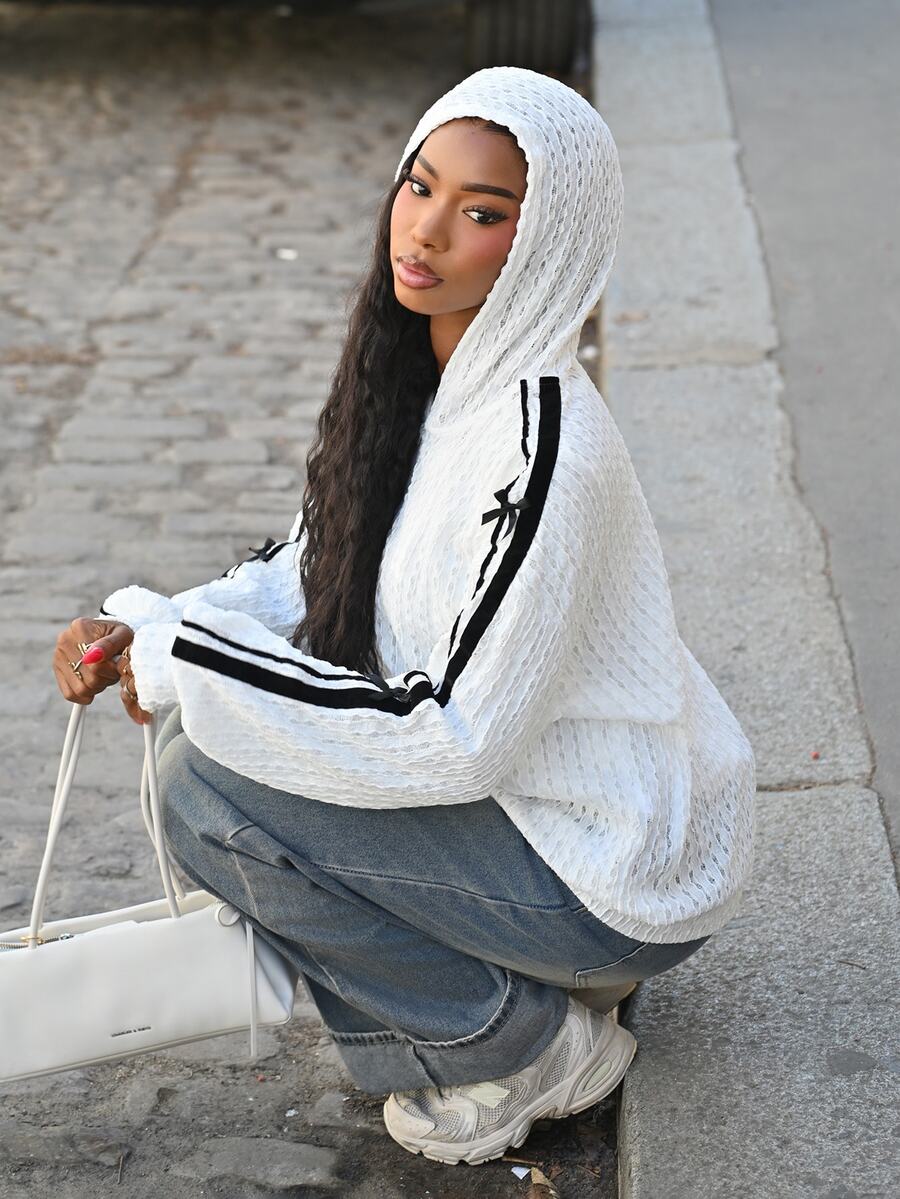Mima John Women's Textured Korean Style Striped Long Sleeve Regular Jacket, Spring/Summer - White - View 1