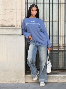 Mima John Women's Loose Fit Round Neck T-Shirt With Letter Print, Versatile, Suitable For Spring, Summer, Autumn School - Dusty Blue - View 6