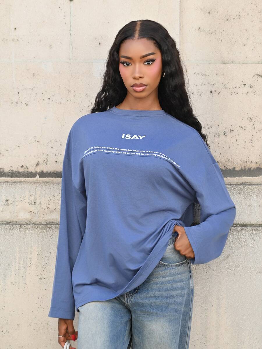 Mima John Women's Loose Fit Round Neck T-Shirt With Letter Print, Versatile, Suitable For Spring, Summer, Autumn School - Dusty Blue - View 1