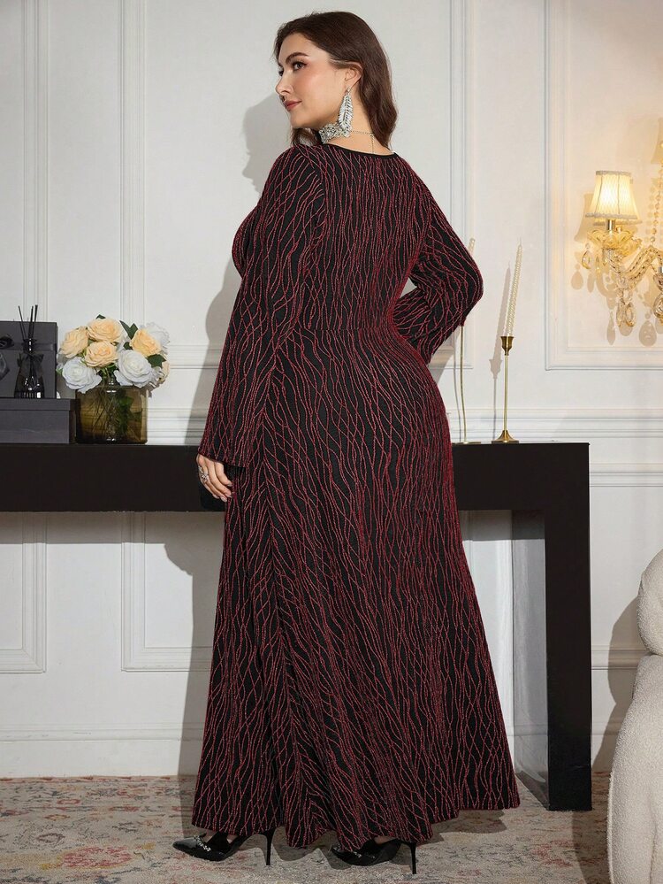 Modelyn Plus Size Elegant Luxury Romantic Square Neck Long Sleeve Fitted Knit Dress Fall - Red - View 2