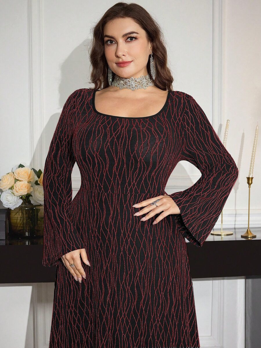 Modelyn Plus Size Elegant Luxury Romantic Square Neck Long Sleeve Fitted Knit Dress Fall - Red - View 1