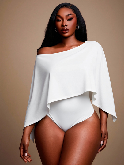 Radiana Plus Size Women's Elegant Sexy Daily Basic Apricot Solid Color Elegant Off Shoulder Batwing Cape Style Bodysuit Winter