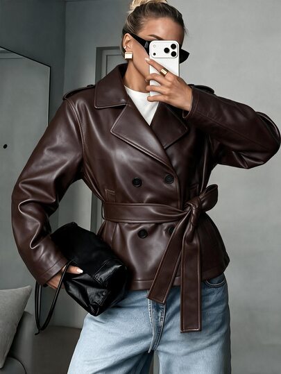 Struktiv Women Short Faux Leather Trench Coat, Doublebreasted Cinched Waist Waist With Pockets, Daily Street Outing Wear For Chic Fall, Dark Brown Everyday Streetwear