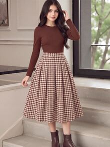 SHEIN 兒童青少年女孩學院風千鳥格休閒百褶裙 - 卡其色 - 查看 8