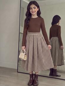 SHEIN 兒童青少年女孩學院風千鳥格休閒百褶裙 - 卡其色 - 查看 7