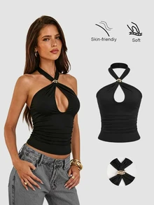 Sweetra Sexy Halter Neck Plain Metal Decor Fitted Bodycon Top For Women, Chic Club Style - Black - View 1