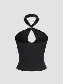 Sweetra Sexy Halter Neck Plain Metal Decor Fitted Bodycon Top For Women, Chic Club Style - Black - View 3