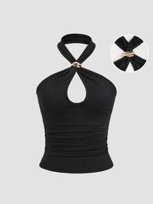 Sweetra Sexy Halter Neck Plain Metal Decor Fitted Bodycon Top For Women, Chic Club Style - Black - View 2