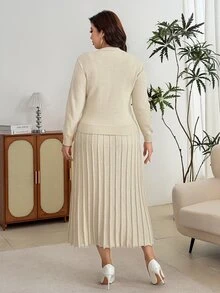 Modelyn Plus Size Women Solid Color Dress And Long Sleeve Cardigan Casual Knit Set - Apricot - View 2