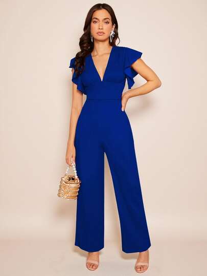 Amorya Women's Elegant Party Solid Color Cap Sleeve Jumpsuit