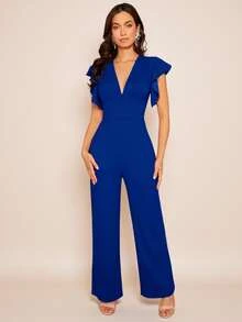 Amorya Women's Elegant Party Solid Color Cap Sleeve Jumpsuit - Royal Blue - View 3