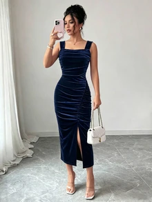 SHEIN Clasi Velvet Spaghetti Strap Ruched Bust Bodycon Slit Party Night Dinner Elegant Summer Women's Midi Dress Wedding Halloween Navy Blue - Navy Blue - View 7